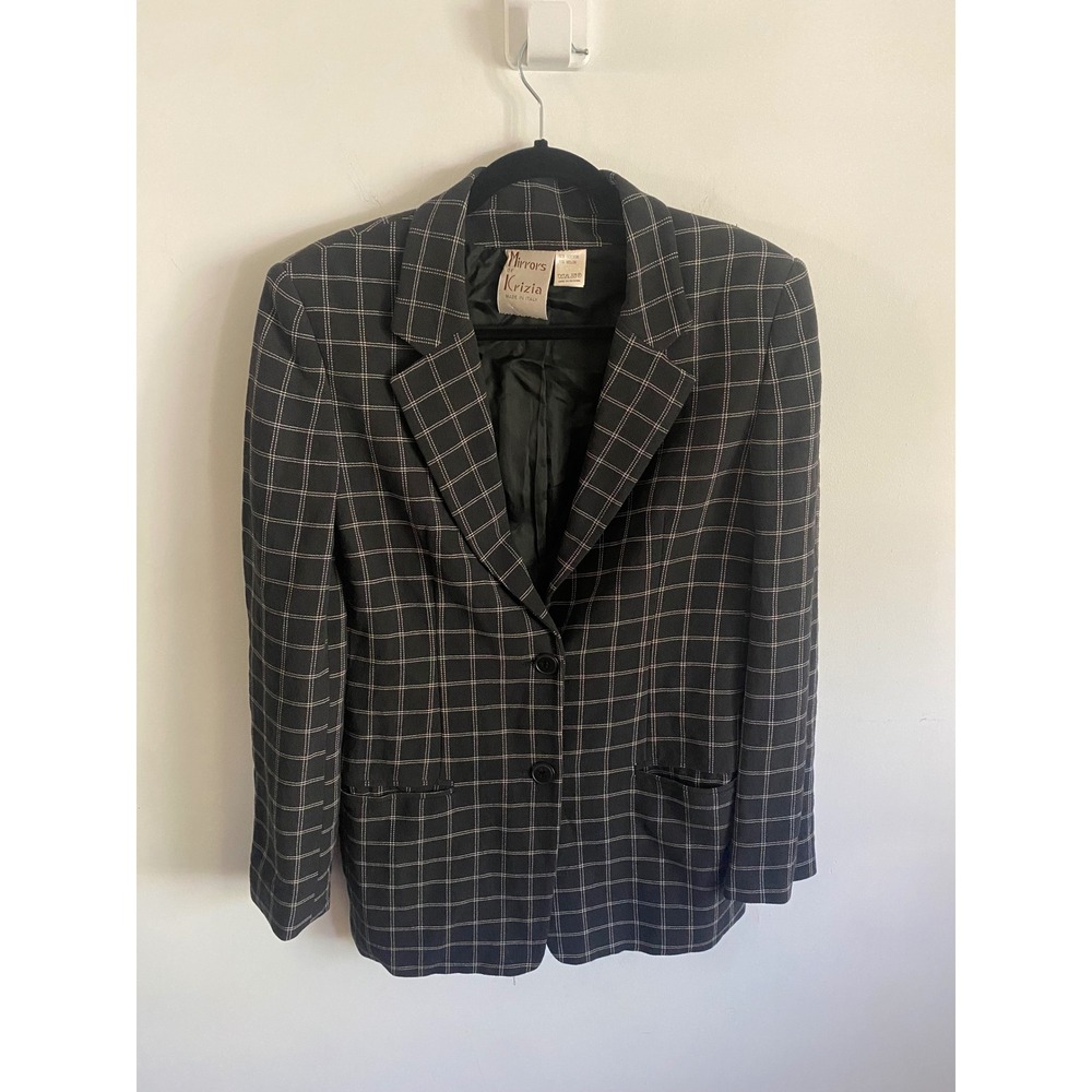 Mirrors of Krizia Italy Women Black Windowpane Plaid Cotton Blend Blazer Jacket